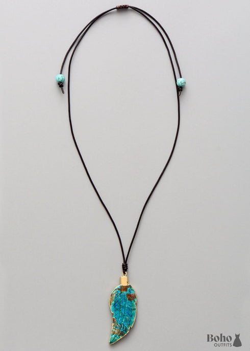 Boho Necklace, Blue Agate Leaf Pendant